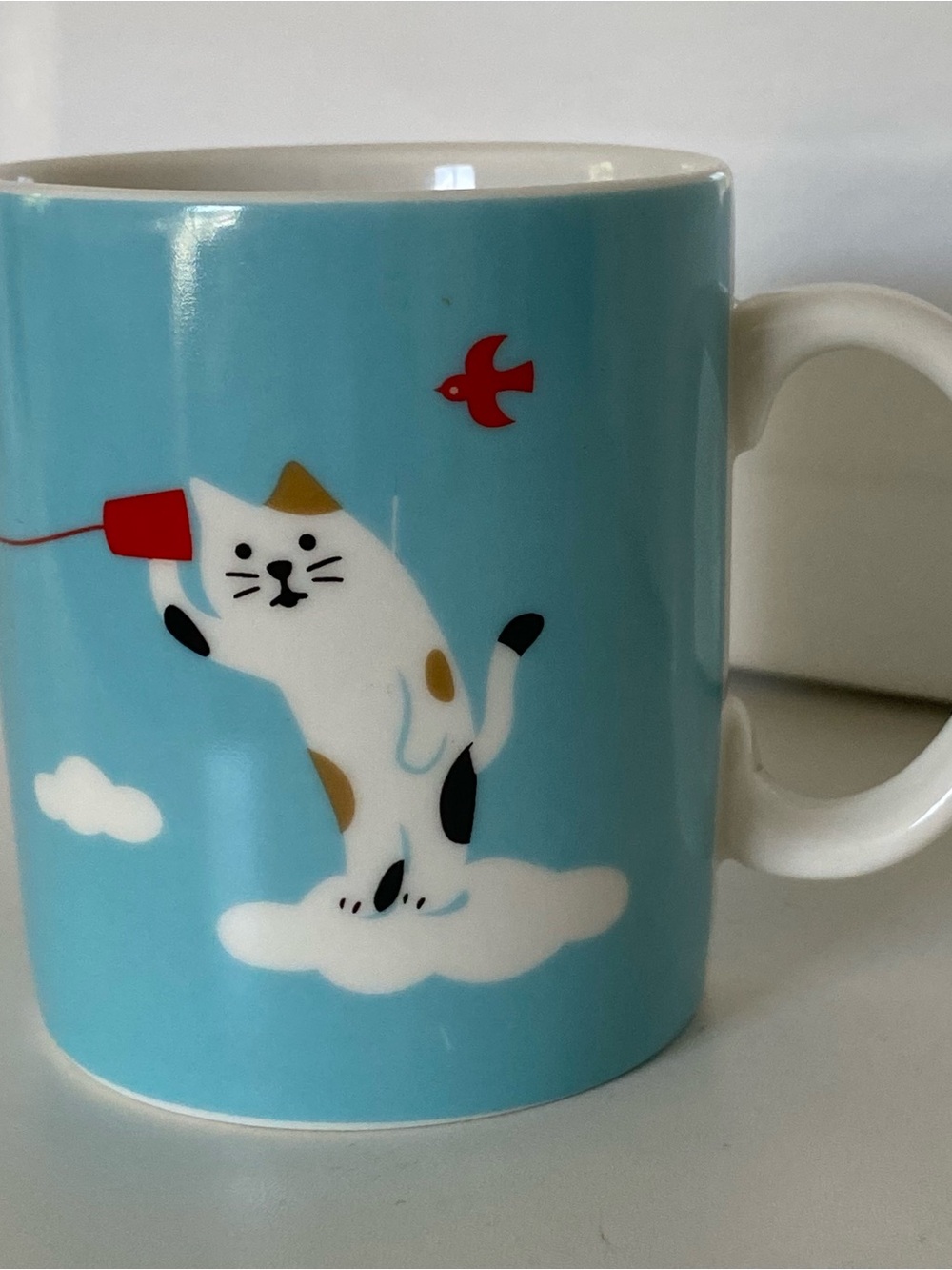 Concombre Cat Mug Ceramic Kitty Tea Blue Calico Cats talking red birds clouds